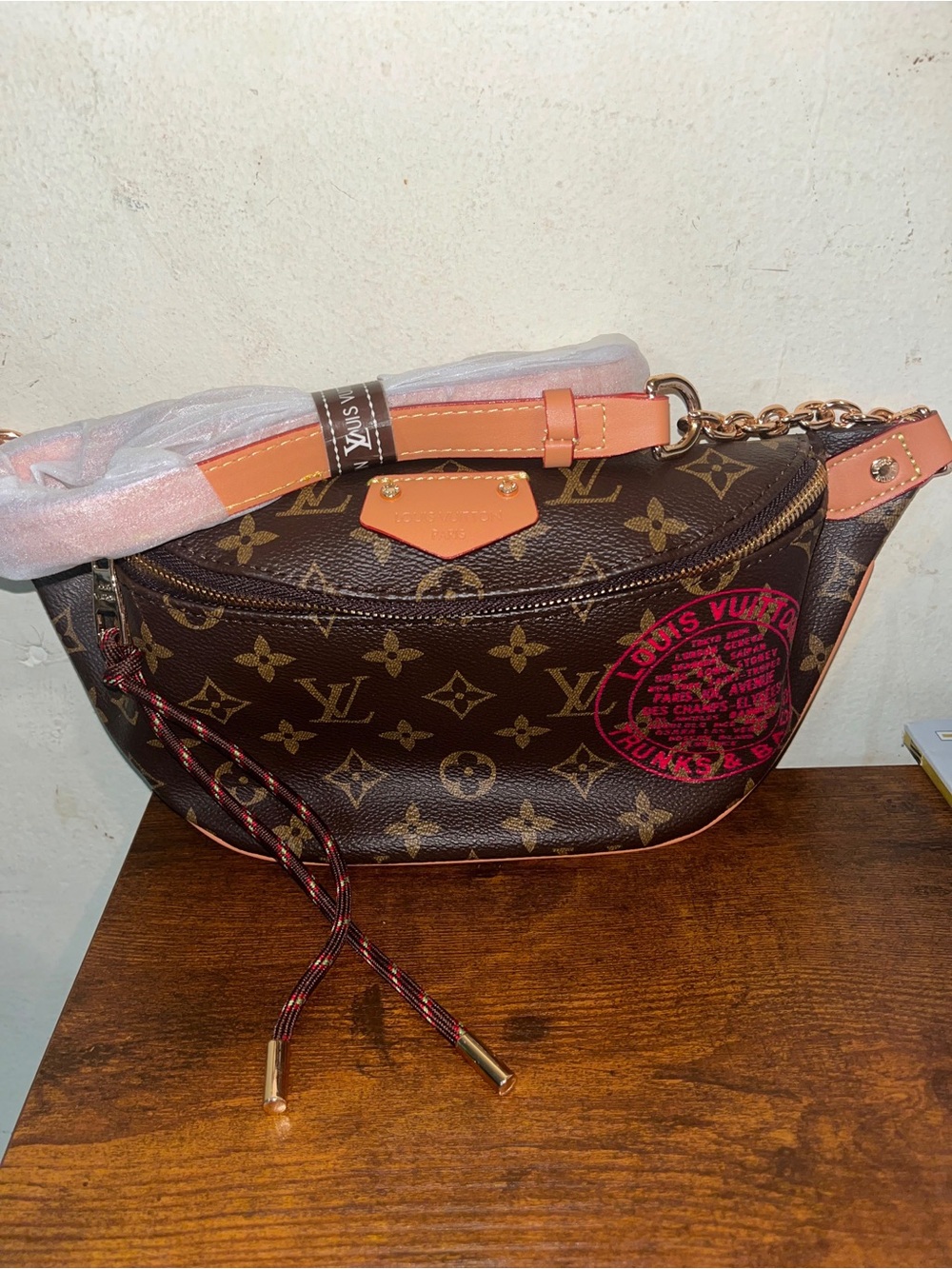 Cute fashion source unknown MonogramBun  Crossbody Bag in Brown with Pink Accent